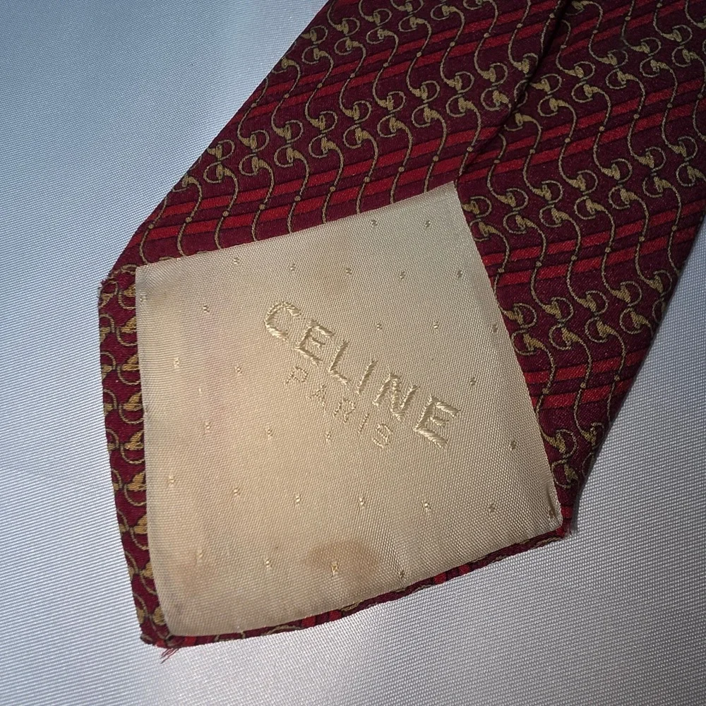 Celine Paris Silk Tie Burgundy Red Gold Horsebit Chain Link Macadam‎ Made Spain